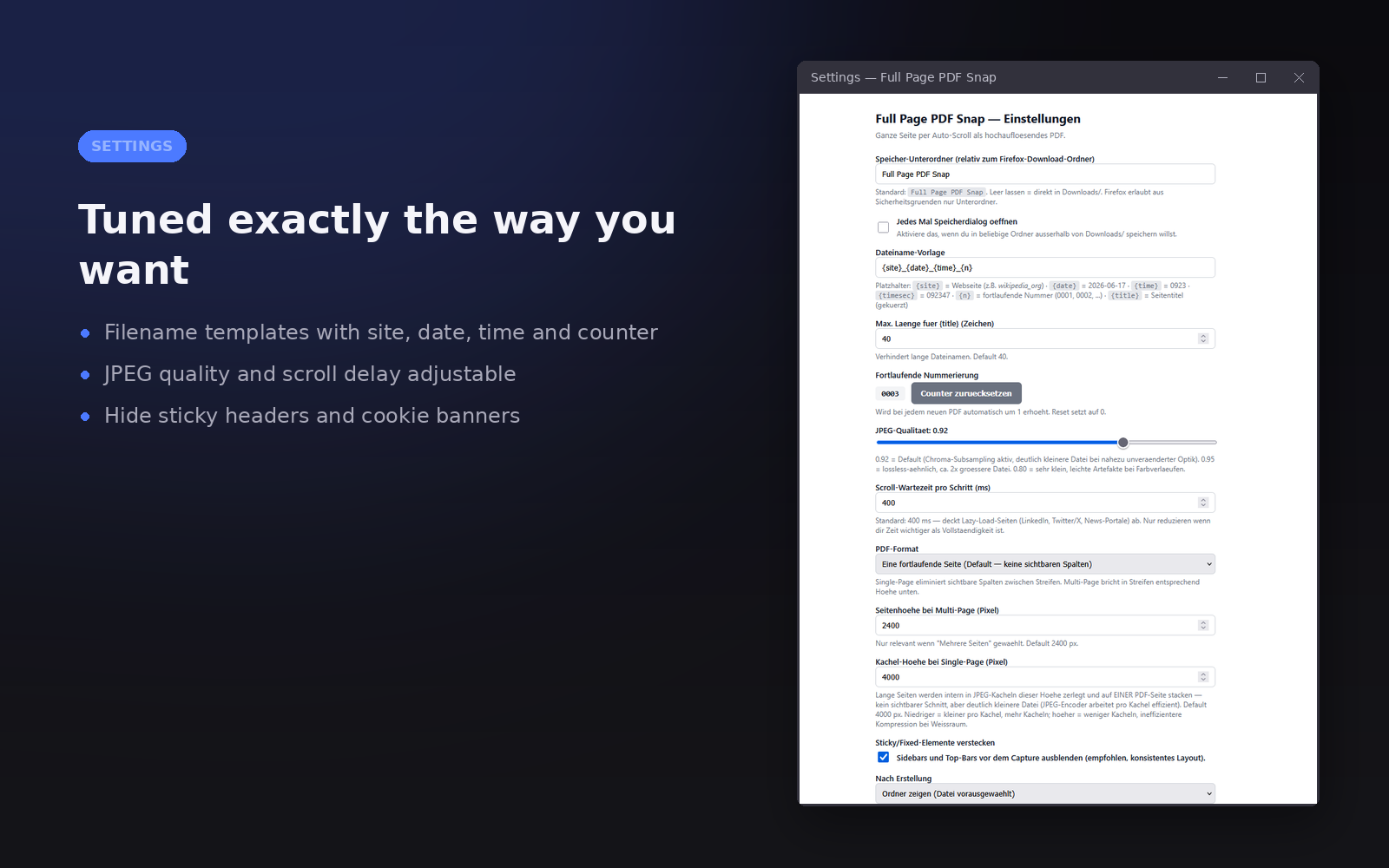 Settings page